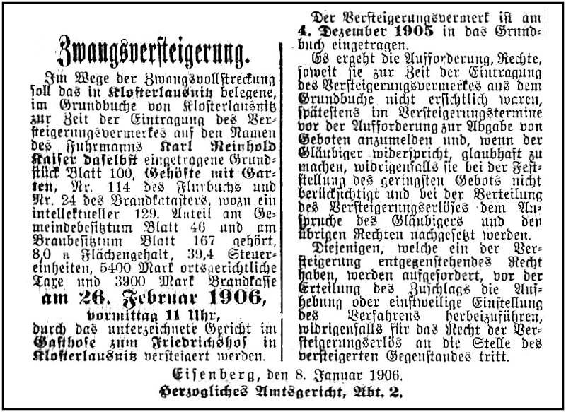1906-01-26 Kl Zwangsversteigerung Kaiser